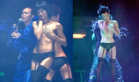 Trương Quốc Vinh và những cử chỉ gợi tình cùng vũ công nude phản cảm trên sân khấu ca nhạc.