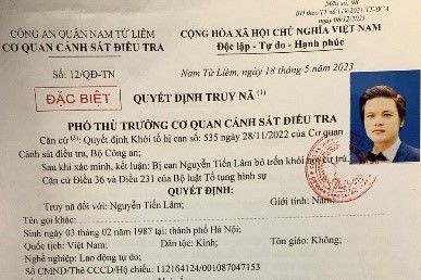 Ảnh Quyết định truy nã đối tượng Nguyễn Tiến Lâm do cơ quan công an TP.Hà Nội cung cấp.