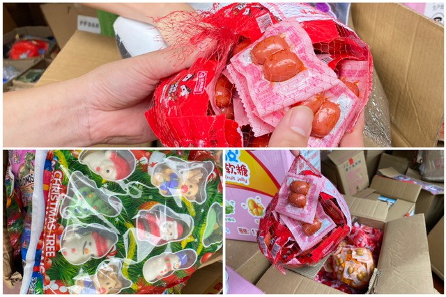 Nhiều loại bánh kẹo thường bày bán tại các cổng trường học có kiểu dáng bắt mắt nhưng không rõ nguồn gốc, có dấu hiệu biến chất, không đảm bảo an toàn vệ sinh thực phẩm. Ảnh: Công an tỉnh Nghệ An