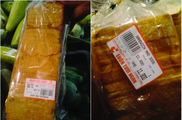 Rất nhiều sản phẩm bánh mì tại siêu thị Big C có tem ghi ngày sản xuất và hạn sử dụng được dán ẩu tả và có thể gỡ ra được.
