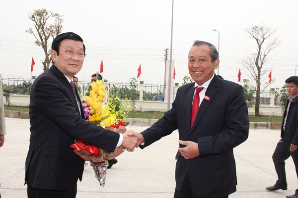 Ủy viên Bộ Chính trị, Chánh án TANDTC Trương Hòa Bình vui mừng đón tiếp Chủ tịch nước Trương Tấn Sang tại Học viện Tòa án
