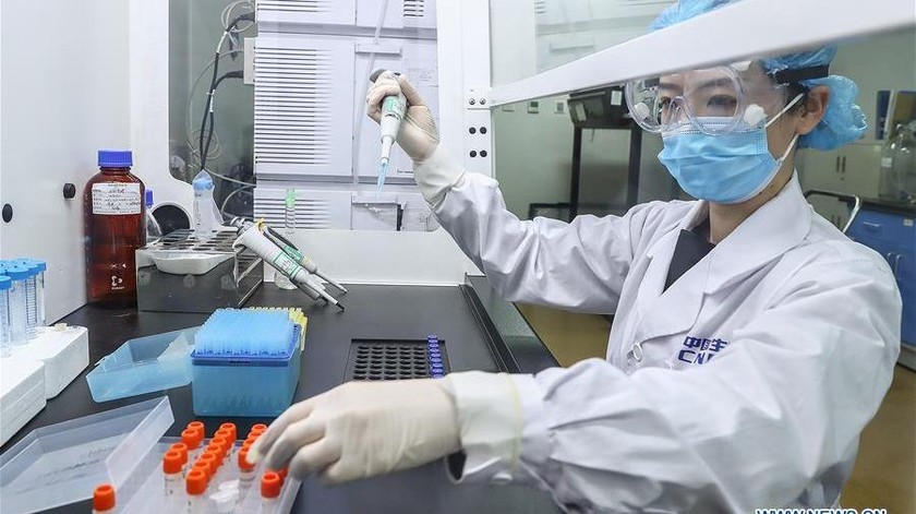 Một nhân viên kiểm tra mẫu vaccine bất hoạt ở xưởng sản xuất vaccine của Tập đoàn Sinopharm ở Bắc Kinh, Trung Quốc. Ảnh: Tân Hoa Xã