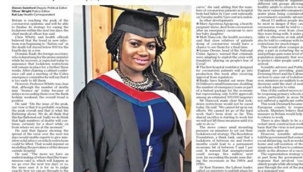 Hình ảnh của Mary Agyeiwaa Agyapong trên tờ The Times ra ngày hôm nay - 16/4. 