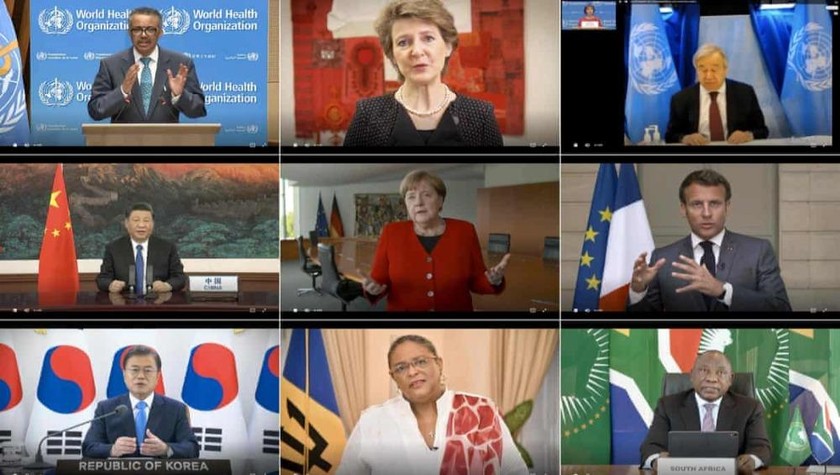 Tổng giám đốc WHO Tedros Adhanom và các nhà lãnh đạo thế giới họp trực tuyến tới Hội đồng Y tế Thế giới. Ảnh: WHO/AFP