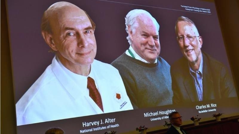 ​Harvey J. Alter, Michael Houghton và Charles M. Rice trên màn hình khi được công bố là những người chiến thắng Giải Nobel Y Sinh năm 2020 trong cuộc họp báo tại Viện Karolinska ở Stockholm, Thụy Điển, ngày 5/10/2020. Ảnh: REUTERS