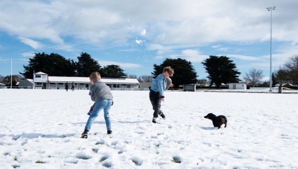 Hai cậu bé chơi đùa cùng chú chó trong sân bóng đá Evandale phủ đầy tuyết.