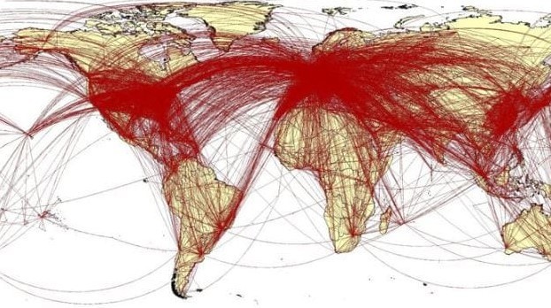 Các đường màu đỏ cắt ngang tạo nên một bức tranh kinh hoàng về sự lây lan không thể ngăn chặn của virus. Ảnh: WorldPopProject.