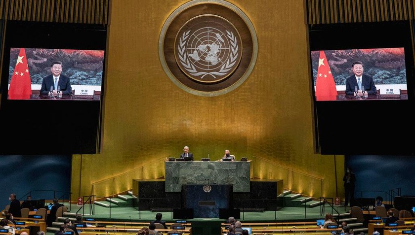 Chủ tịch Tập Cận Bình (trên màn hình) của Cộng hòa Nhân dân Trung Hoa giải quyết cuộc tranh luận chung của kỳ họp thứ 75 của Đại hội đồng. Ảnh: UN Photo.