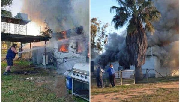 Hình ảnh mọi người đang cố gắng dập lửa ngôi nhà của gia đình Rebekah.