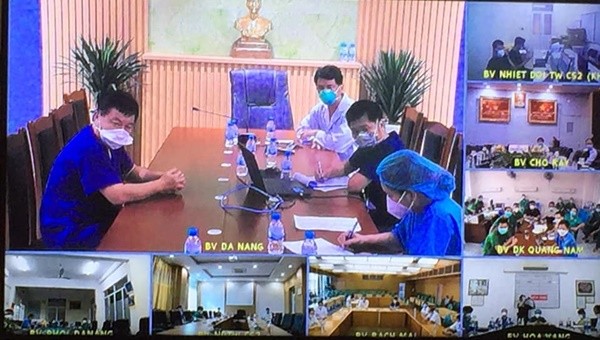Điểm cầu Bệnh viện Đà Nẵng báo cáo tình hình điều trị bệnh nhân COVID-19 (ảnh: skds.vn)