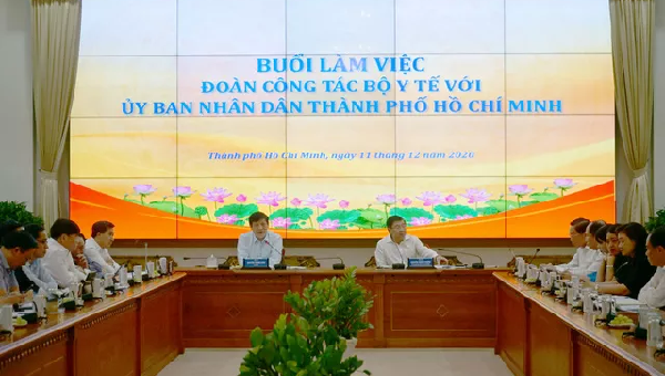 Bộ trưởng Bộ Y tế Nguyễn Thanh Long và ông Nguyễn Thành Phong - Chủ tịch UBND TP HCM - tại buổi làm việc. Ảnh: K.V