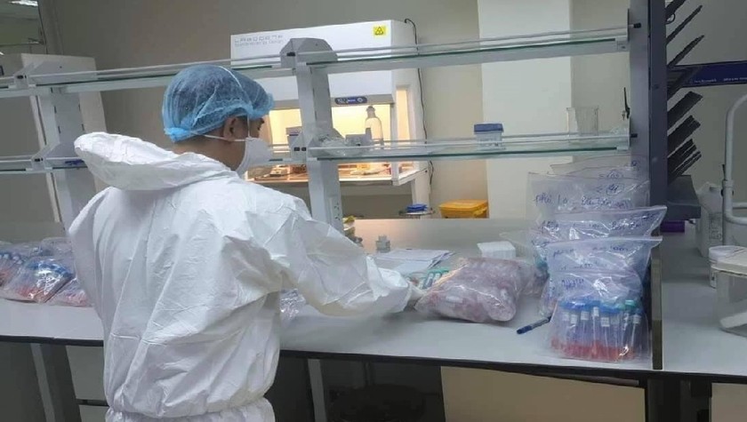 Điều dưỡng Quang đang kiểm mẫu tại Bệnh viện Bệnh Nhiệt đới Trung ương.
