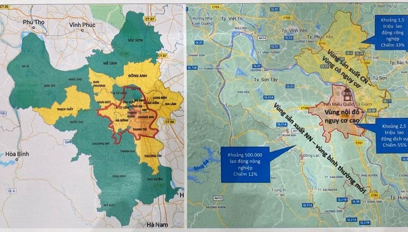 Sơ đồ phương án phân vùng phòng, chống dịch COVID-19 thành phố Hà Nội thực hiện từ ngày 6/9 đến ngày 21/9. Ảnh: Hà Nội Mới