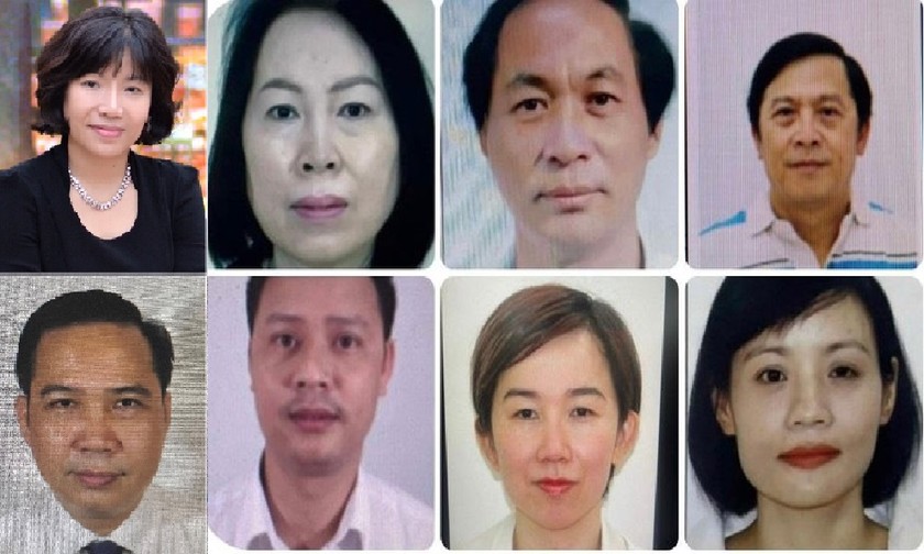 Nguyễn Thị Thanh Nhàn (hàng trên, đầu tiên từ trái sang) cùng 7 bị can vừa bị C03 ra thông báo yêu cầu ra đầu thú. Ảnh: Bộ Công an