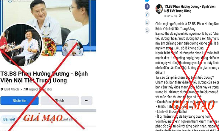 Facebook giả mạo TS.BS Phan Hướng Dương, Phó Giám đốc Bệnh viện Nội tiết Trung ương, để bán sản phẩm cho người bệnh. Ảnh: CAHN
