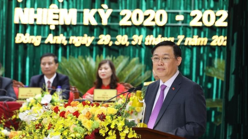 Bí thư Thành ủy Hà Nội Vương Đình Huệ phát biểu chỉ đạo Đại hội Đảng bộ huyện Đông Anh nhiệm kỳ 2020 - 2025.