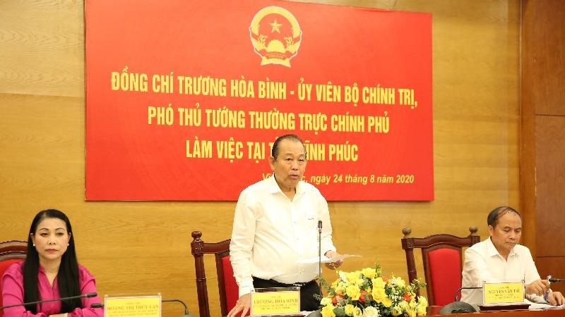 Phó Thủ tướng Thường trực Trương Hòa Bình phát biểu tại buổi làm việc với Vĩnh Phúc. (Ảnh: Lê Sơn)