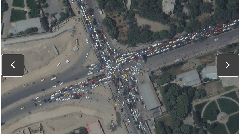 Cảnh giao thông ùn tắc gần sân bay Kabul ở Afghanistan vào ngày 16/8 do vệ tinh ghi nhận.