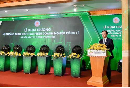 Chủ tịch HĐQT Vietcombank Phạm Quang Dũng phát biểu tại Lễ khai trương hệ thống giao dịch trái phiếu doanh nghiệp riêng lẻ.