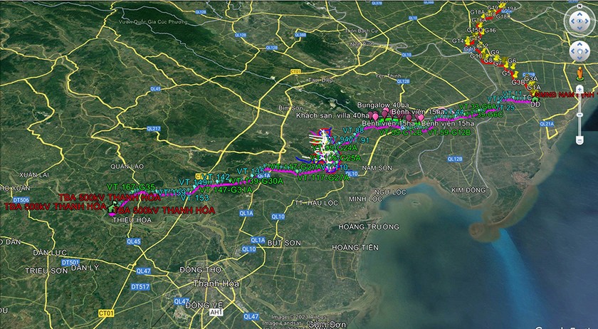 Hướng tuyến (màu hồng) đường dây 500 kV mạch 3 đoạn NMNĐ Nam Định - Thanh Hóa.