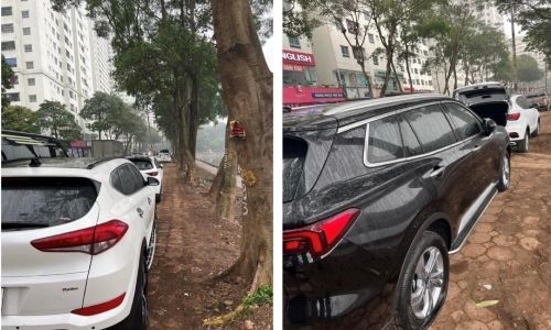 Nhiều ô tô đậu trên vỉa hè tại phường Hoàng Liệt bị chọc thủng lốp