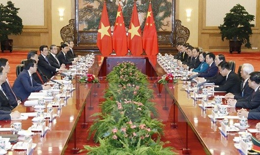 Chủ tịch nước hội đàm với Chủ tịch Trung Quốc. Ảnh: TTX