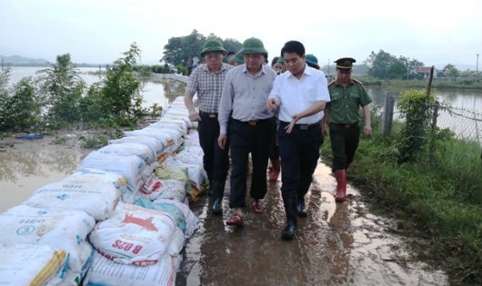 Chủ tịch UBND TP Nguyễn Đức Chung đi thị sát khu vực đê tả Bùi hôm 30/7. Ảnh: Cổng TTĐT TP Hà Nội.
