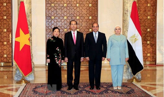 Tổng thống Ai Cập Abdel Fattah Al Sisi và Phu nhân đón Chủ tịch nước Trần Đại Quang và Phu nhân. Ảnh: TTXVN