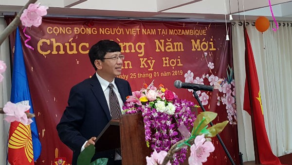 Đại sứ Việt Nam tại Mozambique Lê Huy Hoàng phát biểu tại buổi gặp gỡ.
