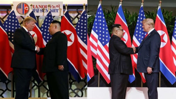 Hình ảnh ông Trump và ông Kim tại Việt Nam (bên trái) và tại cuộc gặp ở Singapore (bên phải) 
