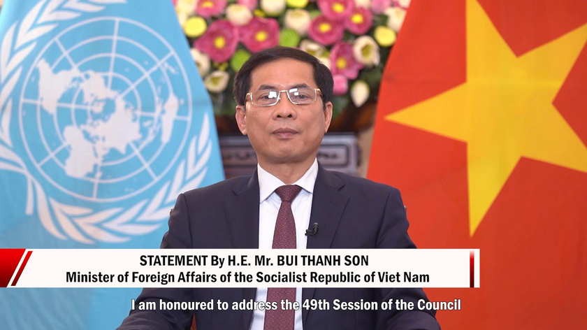 Bộ trưởng Ngoại giao Bùi Thanh Sơn, Trưởng đoàn Việt Nam đã có thông điệp trực tuyến quan trọng tại Phiên họp.