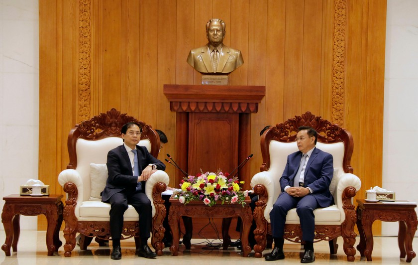 Bộ trưởng Ngoại giao Bùi Thanh Sơn đến chào Tổng Bí thư, Chủ tịch nước Lào Thongloun Sisulith. Ảnh: TTXVN