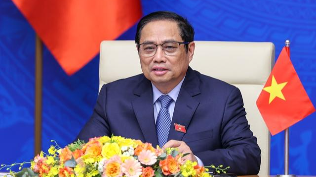 Thủ tướng Phạm Minh Chính phát biểu theo hình thức trực tuyến tại buổi lễ. Ảnh: VGP