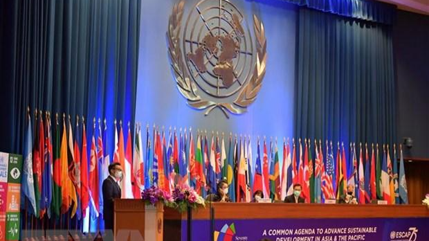 Phó Thủ tướng Vũ Đức Đam phát biểu tại phiên thảo luận cấp cao Khóa họp lần thứ 78 Ủy ban Kinh tế và Xã hội LHQ khu vực châu Á-Thái Bình Dương. Ảnh: TTXVN.