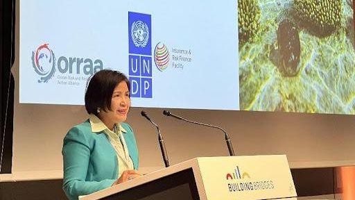 Đại sứ Lê Thị Tuyết Mai phát biểu tại Phiên thảo luận chuyên đề về “Bảo hiểm thiên nhiên để giảm thiểu Rủi ro - Giải pháp chuyển giao rủi ro nhằm bảo vệ các rạn san hô” ngày 5/10/2022. Ảnh: Phái đoàn tại Geneva.