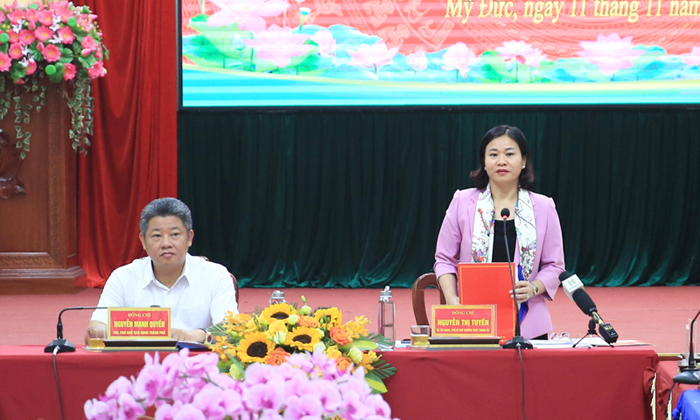 Phó Bí thư Thường trực Thành ủy Ha Nội Nguyễn Thị Tuyến phát biểu kết luận buổi làm việc.