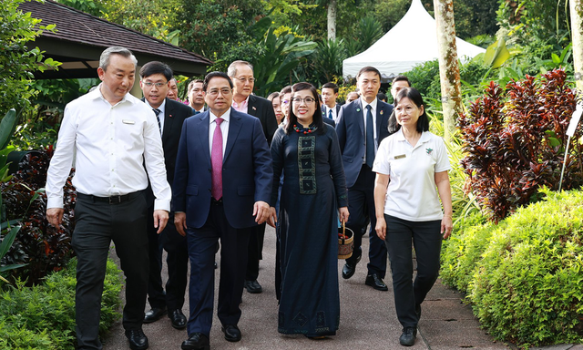 Giám đốc Vườn Thực vật Singapore và Giám đốc Vườn Lan Quốc gia đón Thủ tướng Phạm Minh Chính và Phu nhân Lê Thị Bích Trân dự lễ đặt tên hoa - Ảnh: VGP/Nhật Bắc