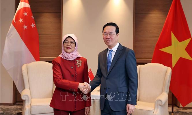 Chủ tịch nước Võ Văn Thưởng gặp Tổng thống Singapore Halimah Yacob. Ảnh: TTXVN