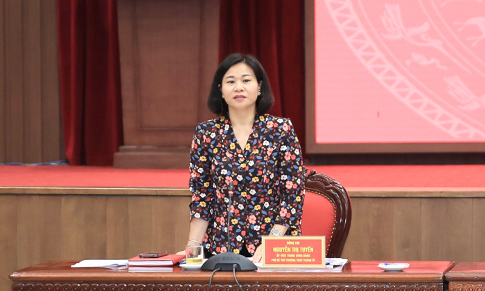 Phó Bí thư Thường trực Thành ủy Hà Nội, Nguyễn Thị Tuyến phát biểu tại buổi làm việc.