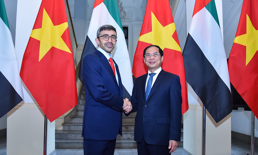 Bộ trưởng Ngoại giao Bùi Thanh Sơn và Bộ trưởng Ngoại giao UAE Sheikh Abdullah bin Zayed Al Nahyan. Ảnh: Báo Thế giới & Việt Nam.
