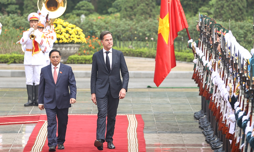 Thủ tướng Phạm Minh Chính chủ trì lễ đón chính thức Thủ tướng Hà Lan Mark Rutte đang có chuyến thăm chính thức Việt Nam. Ảnh: VGP