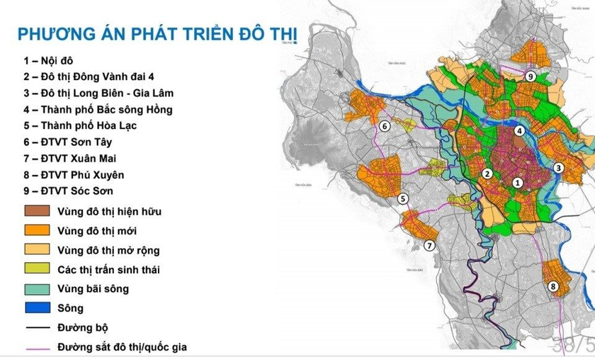 Sơ đồ minh họa phương án phát triển đô thị Hà Nội tích hợp vào Quy hoạch Thủ đô.