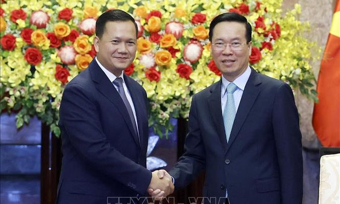 Chủ tịch nước Võ Văn Thưởng tiếp Thủ tướng Campuchia Hun Manet. Ảnh: TTXVN