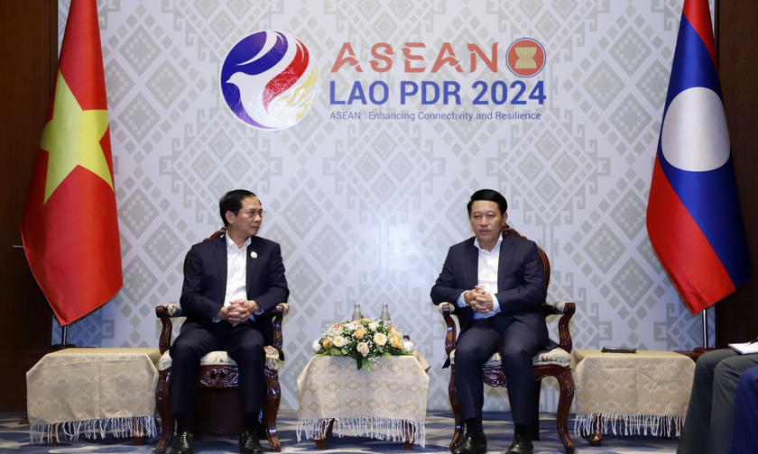 Bộ trưởng Bùi Thanh Sơn gặp Phó Thủ tướng, Bộ trưởng Ngoại giao Lào Saleumxay Kommasith. Ảnh: TTXVN