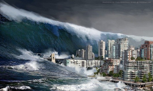 Những ngọn sóng thần khổng lồ cuốn ập vào bờ phá hủy mọi thứ. 