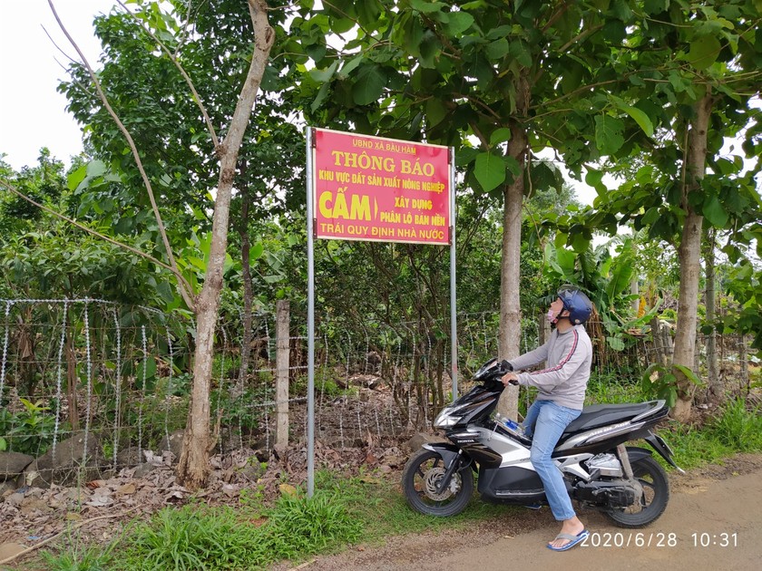 Ngay tại vị trí mà Công ty Dona House Land lập dự án khu dân cư, UBND xã Bàu Hàm cắm bảng cấm phân lô, xây dựng. 