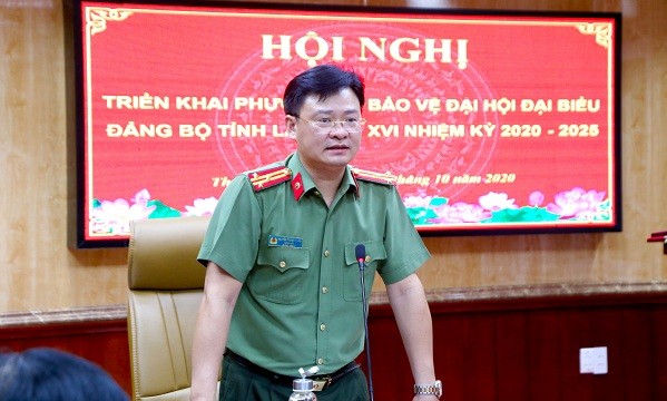 Thượng tá Nguyễn Thanh Tuấn, Giám đốc Công an tỉnh Thừa Thiên Huế phát biểu chỉ đạo tại Hội nghị triển khai phương án bảo vệ Đại hội đại biểu Đảng bộ tỉnh Thừa Thiên Huế lần thứ XVI.