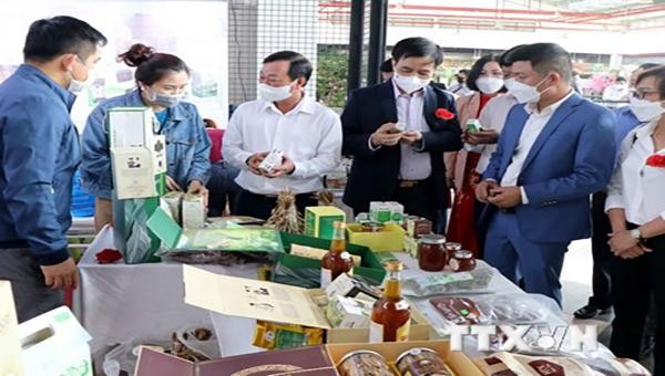 Lãnh đạo tỉnh Phú Thọ và các du khách thăm quan gian hàng trưng bày sản phẩm OCOP