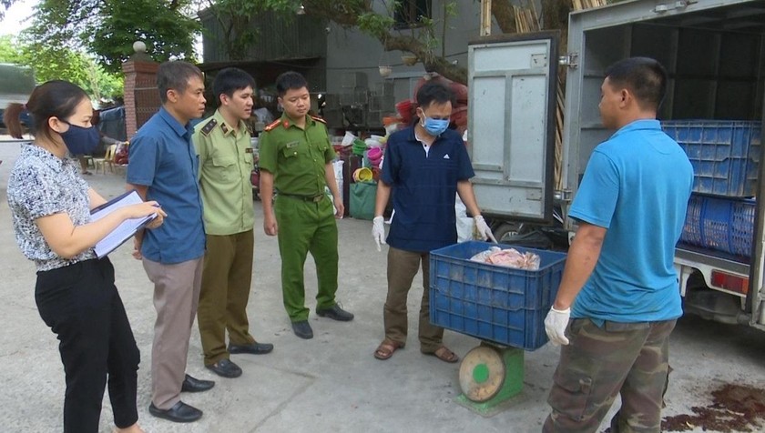 Lực lượng QLTT Hưng Yên làm việc với tài xế vận chuyển 300kg bì lợn tươi không rõ nguồn gốc tại Hưng Yên.