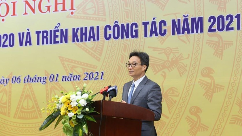 Phó Thủ tướng Chính phủ - Vũ Đức Đam phát biểu, chỉ đạo tại Hội nghị tổng kết công tác năm 2020 và triển khai nhiệm vụ công tác năm 2021 của Bộ KH&CN.